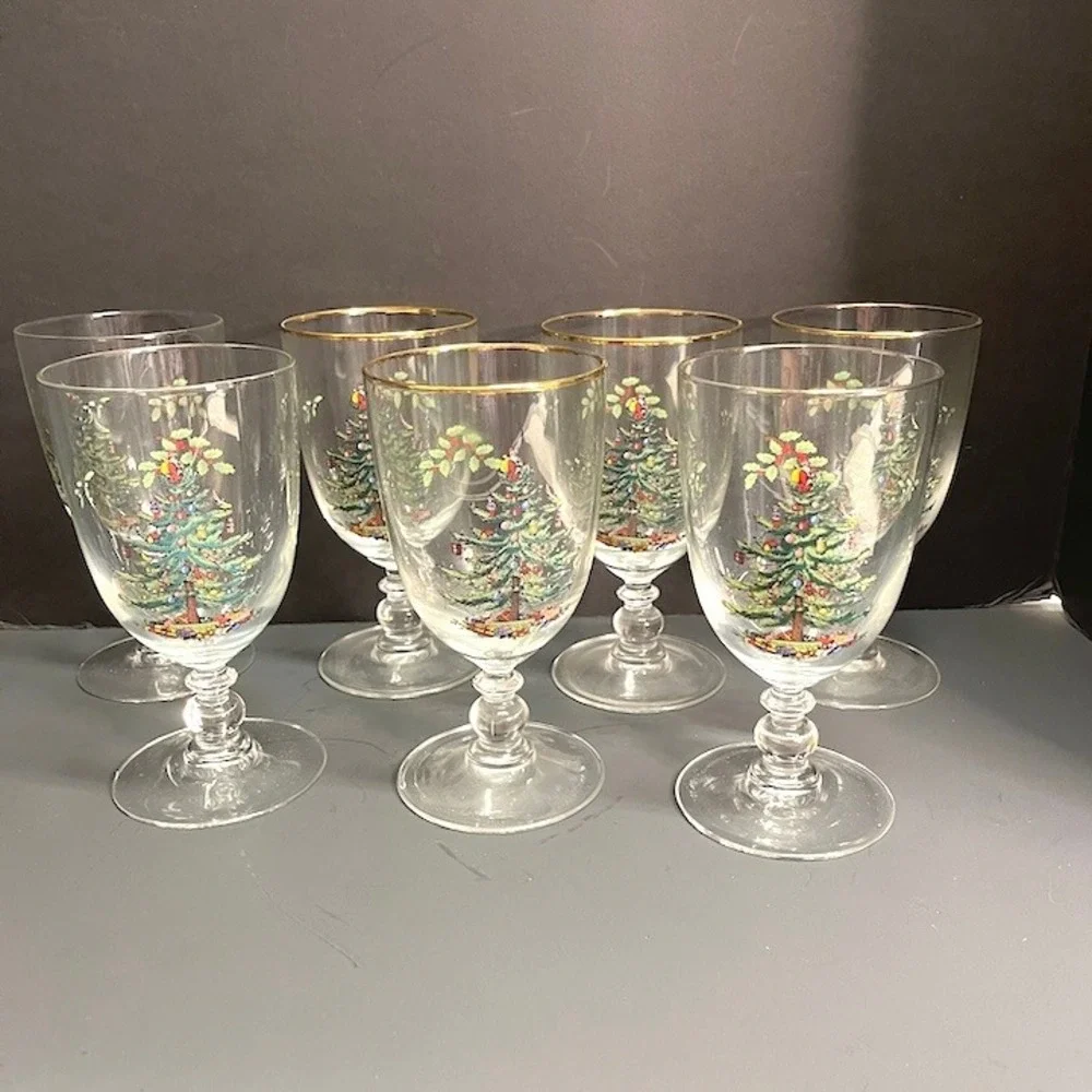Vintage Spode Christmas Tree 16 oz Pedestal Goblets Mixed Lot Set of 7